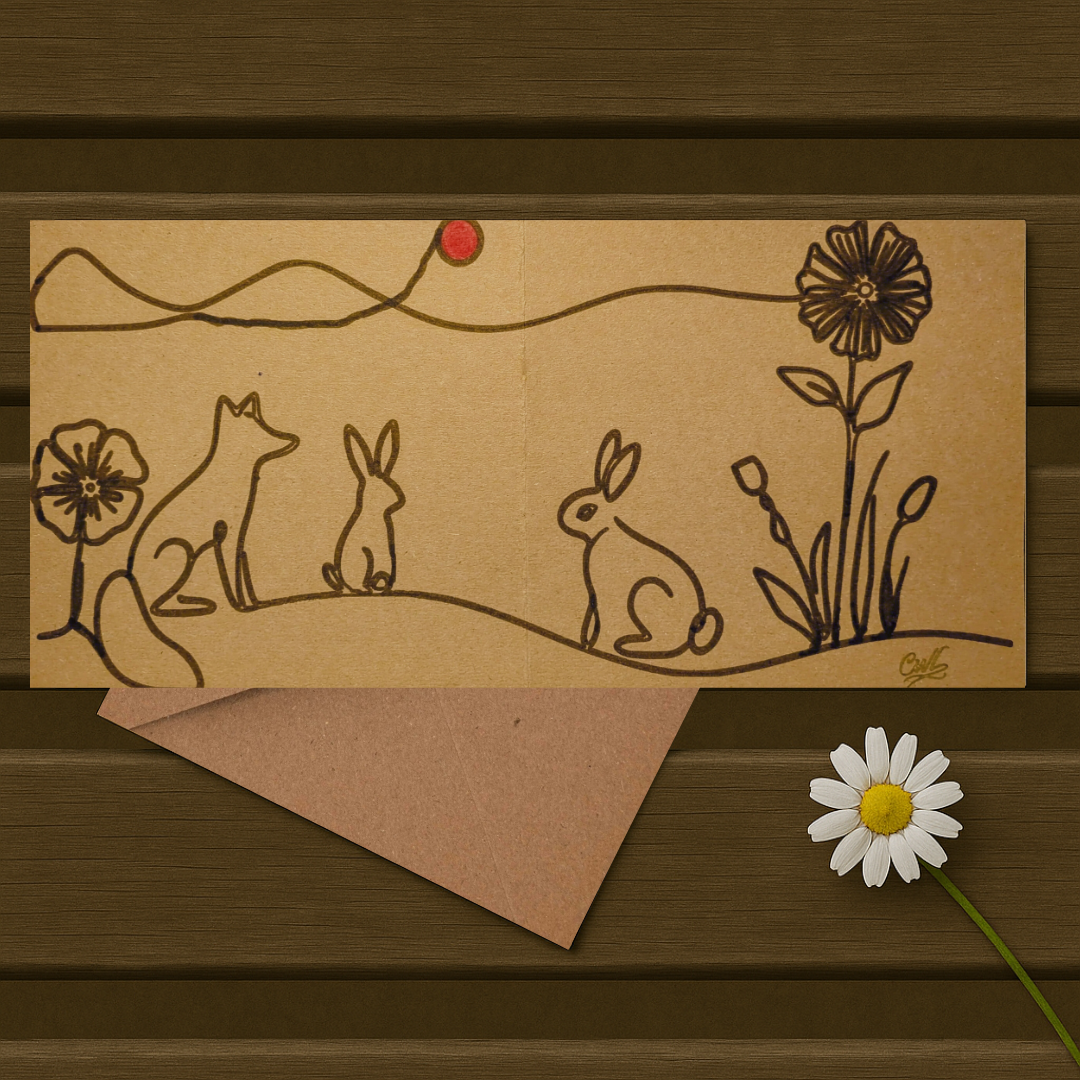 Felt Tip Drawn Connected Line Countryside Landscape Card