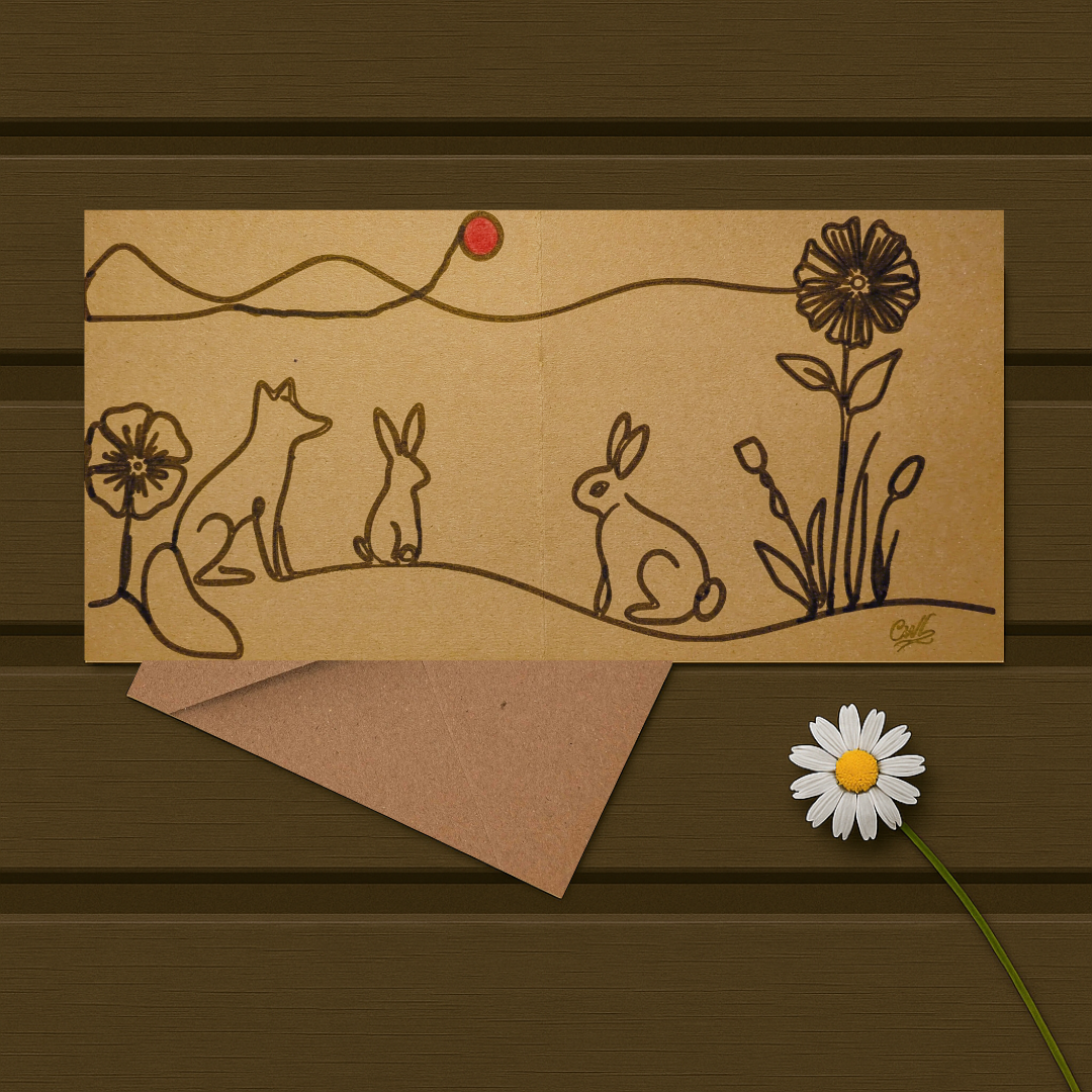 Felt Tip Drawn Connected Line Countryside Landscape Card