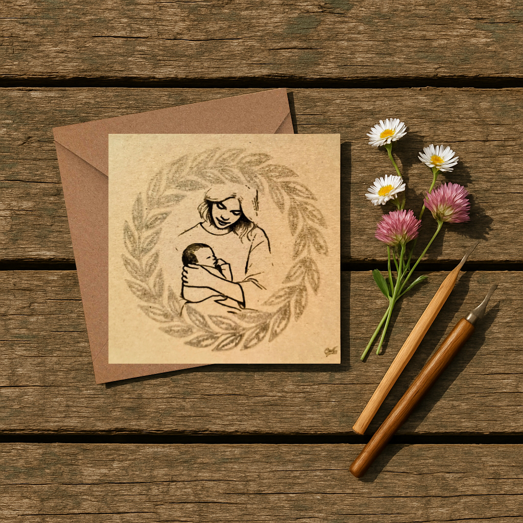 Fineliner Drawn Mother, Baby Bond Card