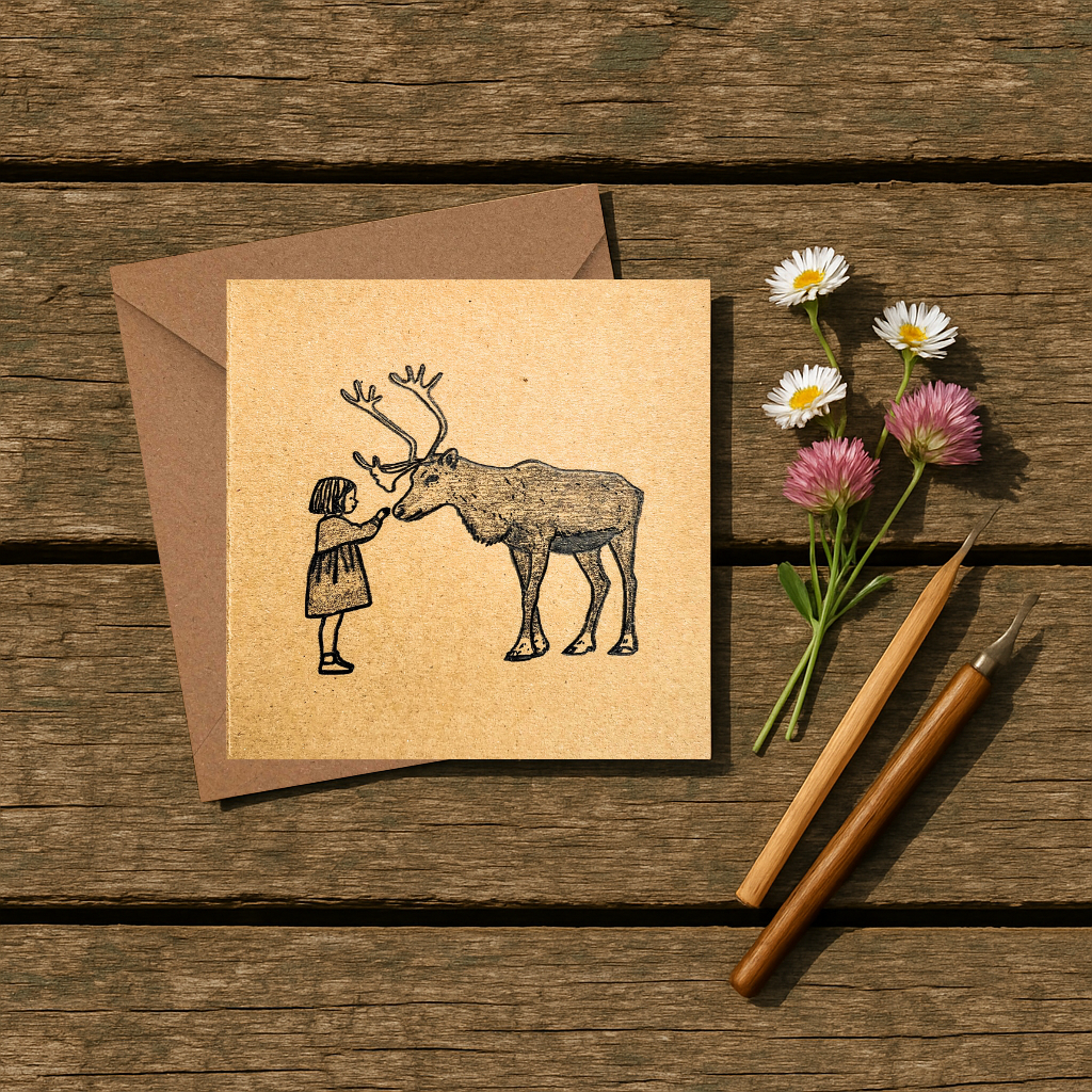 Pencil Drawn - The Girl and The Reindeer Christmas Card
