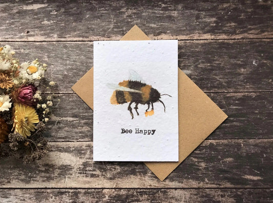 Plantable Seed Paper Birthday Card - Bee Happy, Blank Inside
