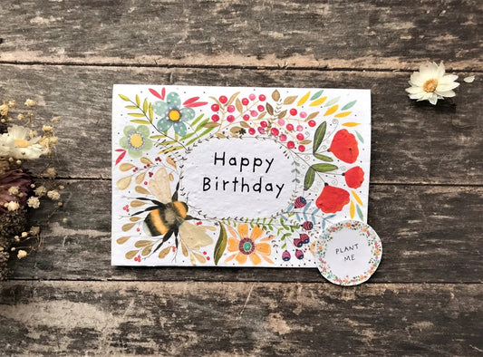 Plantable Seed Paper Birthday Card - Bee + Poppies, Blank Inside