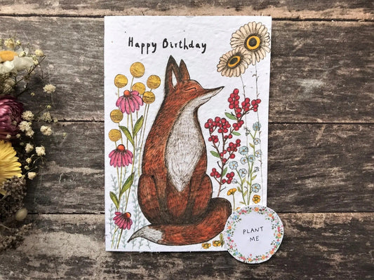 Plantable Seed Paper Birthday Card - Fox Among Flowers, Blank Inside