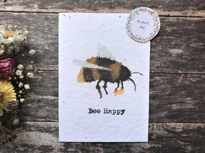 Plantable Seed Paper Birthday Card - Bee Happy, Blank Inside