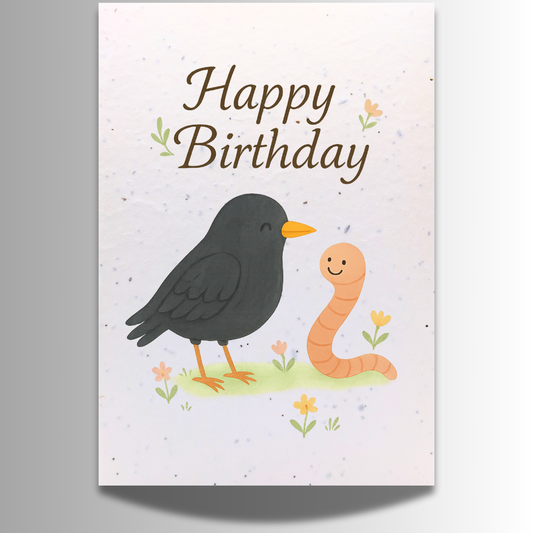 Large Plantable Seed Happy Birthday Card - Blackbird and Worm [Blank inside]