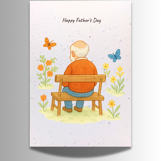 Large Plantable Seed Father's Day Card – Man on Bench with Blooming Garden [Blank inside]